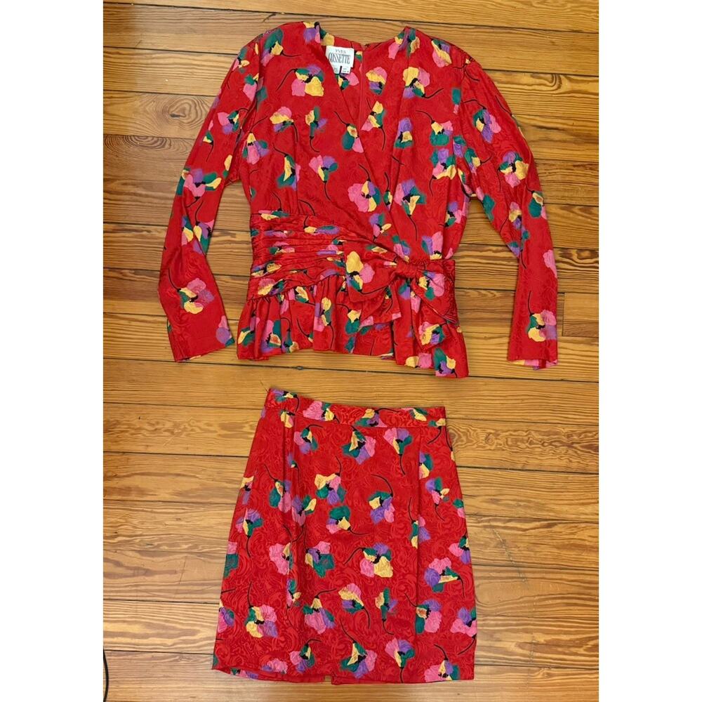 Yves Cosette red floral silk wrap top and skirt set size 8